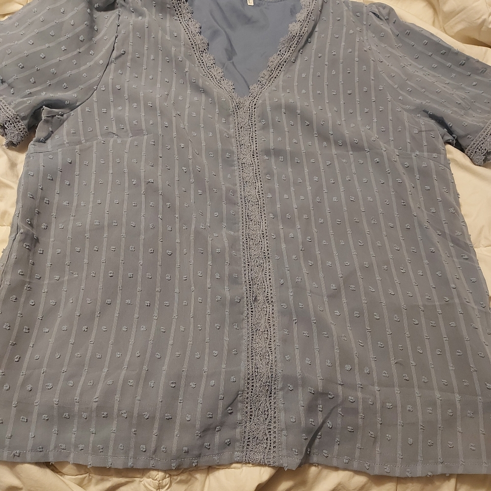 Blouse sky  blue    swiss dot lace    w lining  womens sz L  very pretty